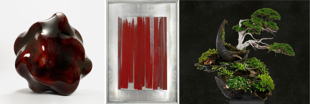 「MEET YOUR ART FESTIVAL 2025」左から）石塚源太「Taxis Groove -Flow Motion」、篠田桃紅「Vermilion from the Past」、平尾成志「渦動」
