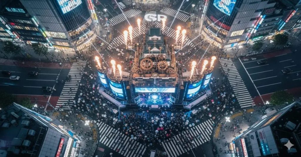 渋谷の中心・スクランブル交差点に巨大なイベントステージが組まれています。ステージはスチームパンク風の歯車装飾や大型LEDビジョンで構成され、非常に未来的かつインパクトのあるデザイン。上部には多数の炎柱(ファイヤーエフェクト)が立ち上り、ライブ演出のクライマックスのような雰囲気が出ています。