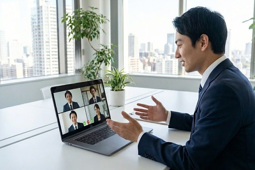 スーツを着た男性が会議室でPCに向かっています。PC上には4人の就活生が面接を受けています。