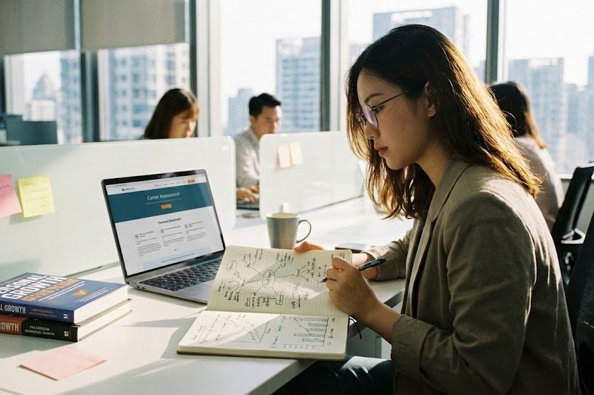 眼鏡をかけた女性がデスクに向かってノートを広げています。ノート上でブレインストーミングをしながら、自己分析をしています。