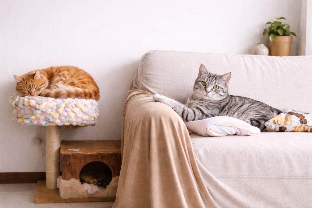 2匹の猫がくつろいでいる様子