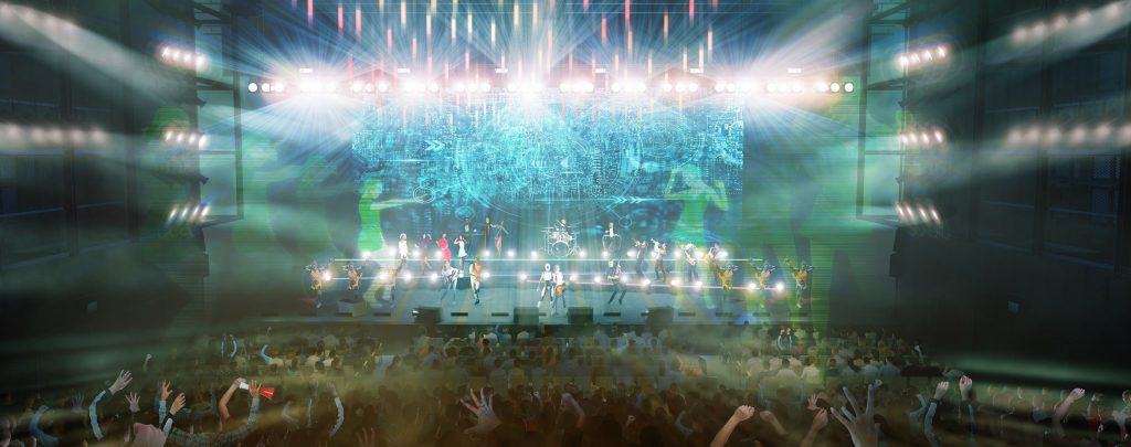 Box1000のステージパース。ステージ上では、アーティストライブが開催され、ステージ後方の巨大LEDを使った映像演出がされている。照明演出も非常に華やか。