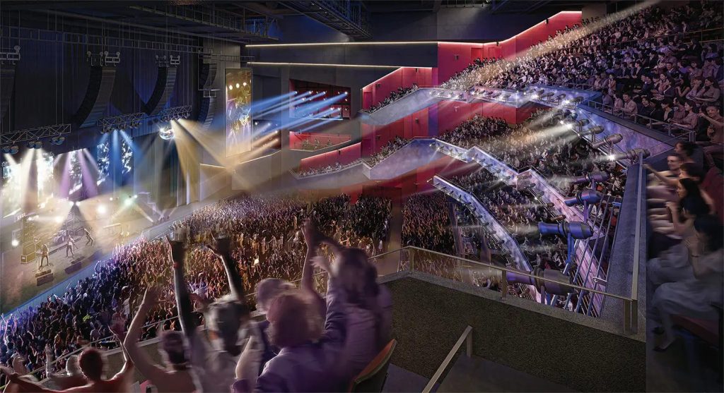 SGCホール有明のイメージパース。会場斜め上からの俯瞰画像。観客が盛り上がり、大量のムービングライトがステージを照らす。