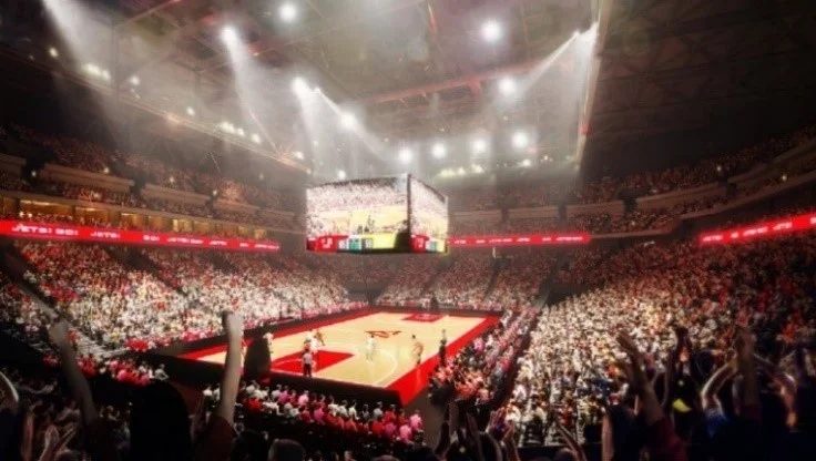 アリーナでのバスケットボールの試合を想定したイメージパース。大勢の観客が盛り上がっている。