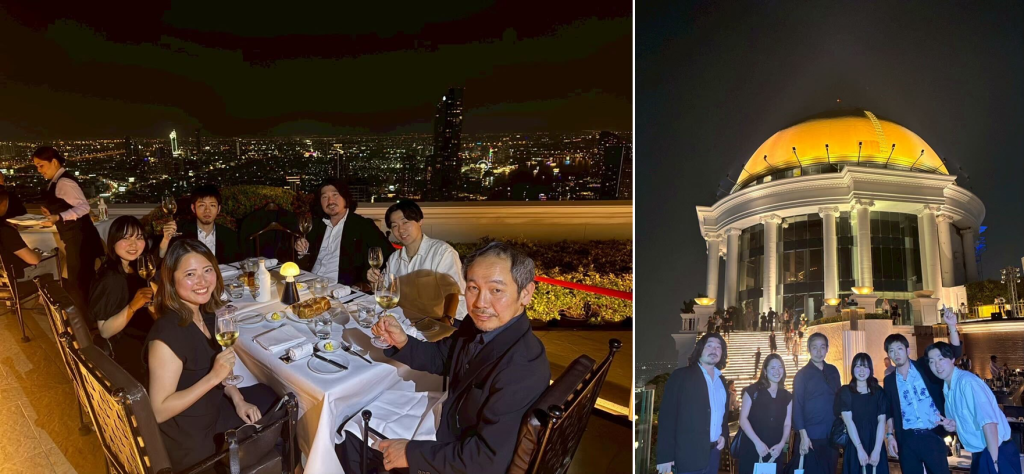 夜景を一望できる屋上レストランで食事とワインを楽しむグループと、ライトアップされたドーム型の建物前で撮影した集合写真。