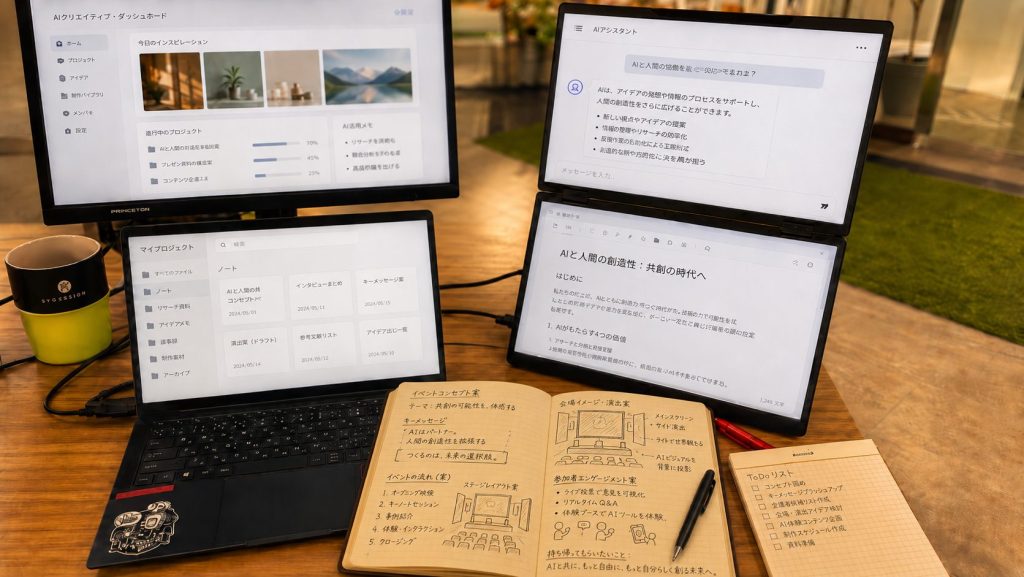 デスクにPCとノートが置かれている