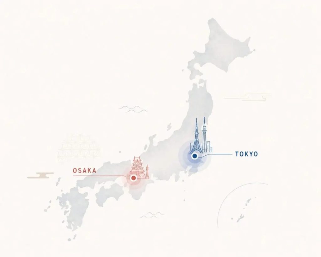 東京と大阪の場所が示されている日本地図