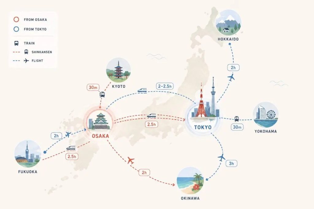 国内の移動時間を表している日本地図